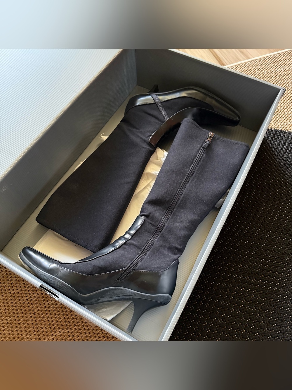 Vintage 90’s Prada Black Knee-High Neoprene Leather Heel Boots